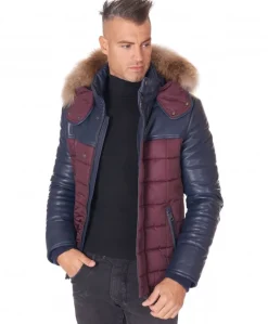 Uomo D'Arienzo Sky - Piumino in pelle blu e tessuto con cappuccio in pelliccia