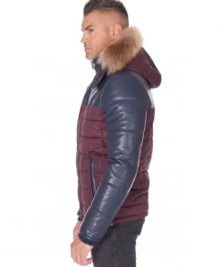 Uomo D'Arienzo Sky - Piumino in pelle blu e tessuto con cappuccio in pelliccia