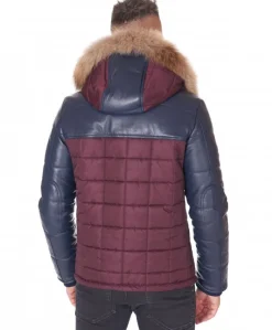 Uomo D'Arienzo Sky - Piumino in pelle blu e tessuto con cappuccio in pelliccia