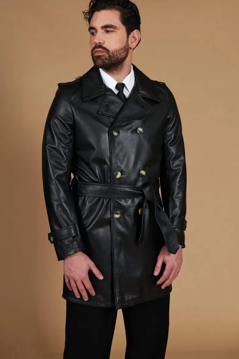 Uomo D'Arienzo Spinel - Cappotto in pelle nappa nera doppio petto con cintura