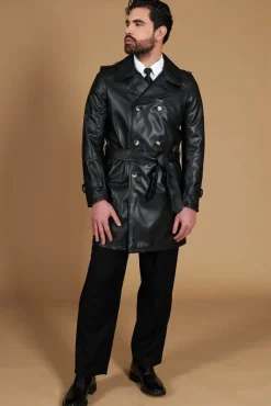 Uomo D'Arienzo Spinel - Cappotto in pelle nappa nera doppio petto con cintura