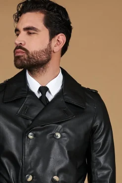 Uomo D'Arienzo Spinel - Cappotto in pelle nappa nera doppio petto con cintura