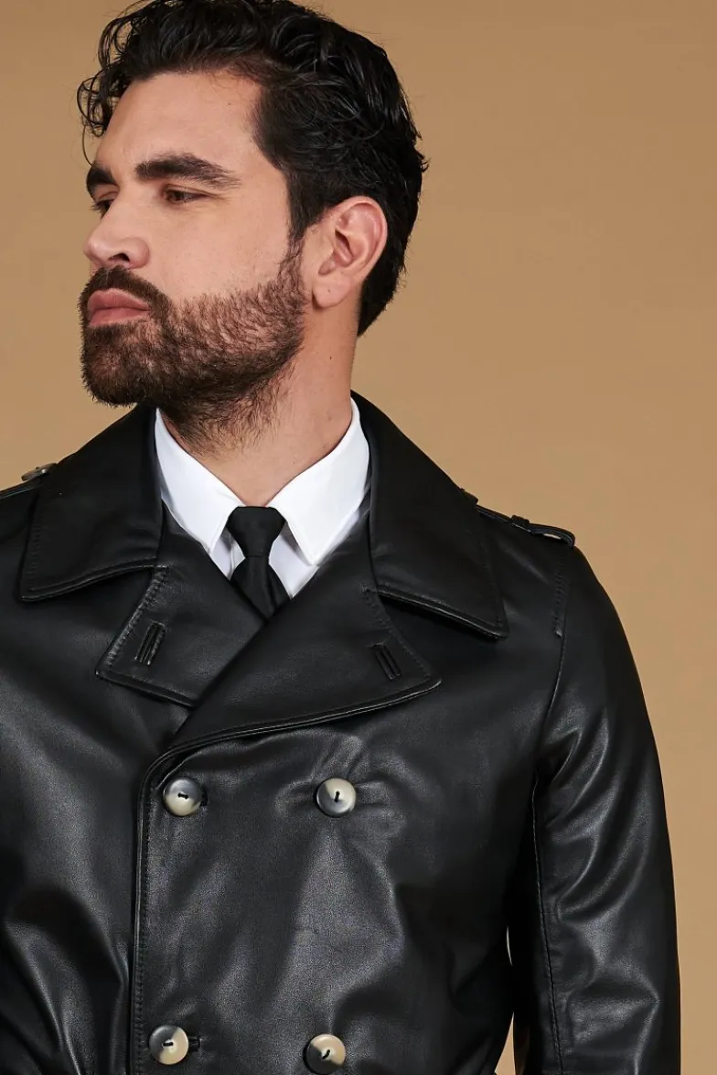 Uomo D'Arienzo Spinel - Cappotto in pelle nappa nera doppio petto con cintura
