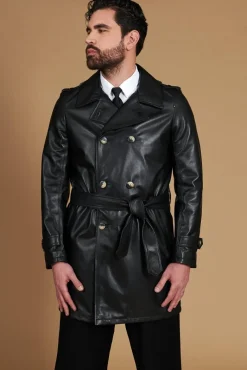 Uomo D'Arienzo Spinel - Cappotto in pelle nappa nera doppio petto con cintura