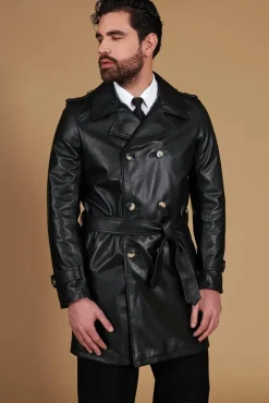 Uomo D'Arienzo Spinel - Cappotto in pelle nappa nera doppio petto con cintura