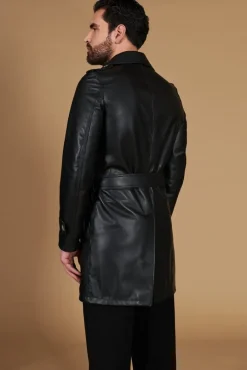 Uomo D'Arienzo Spinel - Cappotto in pelle nappa nera doppio petto con cintura