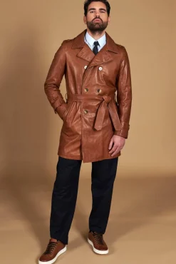 Uomo D'Arienzo Spinel - Cappotto in pelle vintage color cuoio doppio petto con cintura