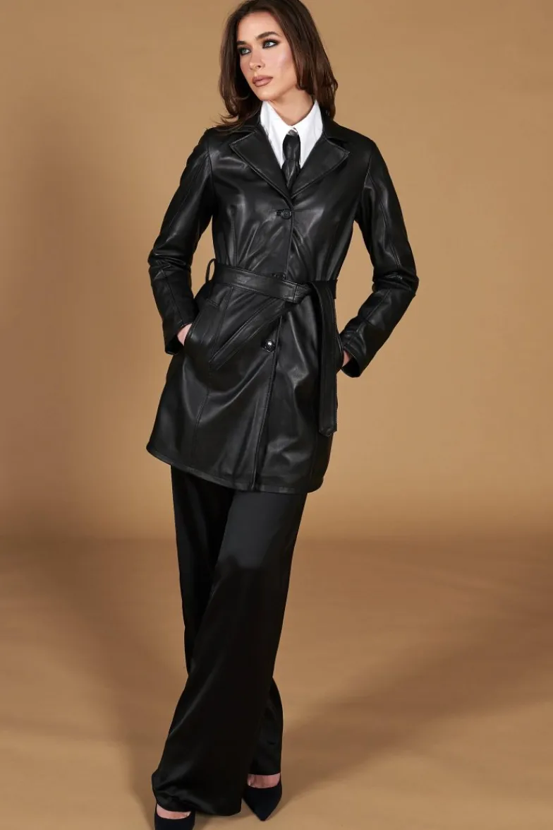 Donna D'Arienzo Stefany - Cappotto in pelle nera con cintura nappa effetto liscio