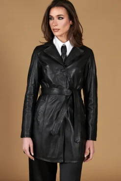 Donna D'Arienzo Stefany - Cappotto in pelle nera con cintura nappa effetto liscio