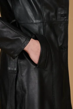 Donna D'Arienzo Stefany - Cappotto in pelle nera con cintura nappa effetto liscio
