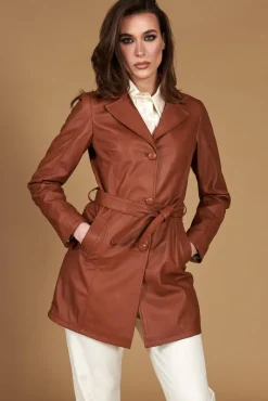 Donna D'Arienzo Stefany - Cappotto in pelle cuoio con cintura nappa effetto liscio