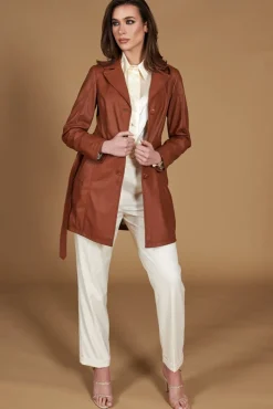 Donna D'Arienzo Stefany - Cappotto in pelle cuoio con cintura nappa effetto liscio
