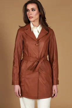 Donna D'Arienzo Stefany - Cappotto in pelle cuoio con cintura nappa effetto liscio