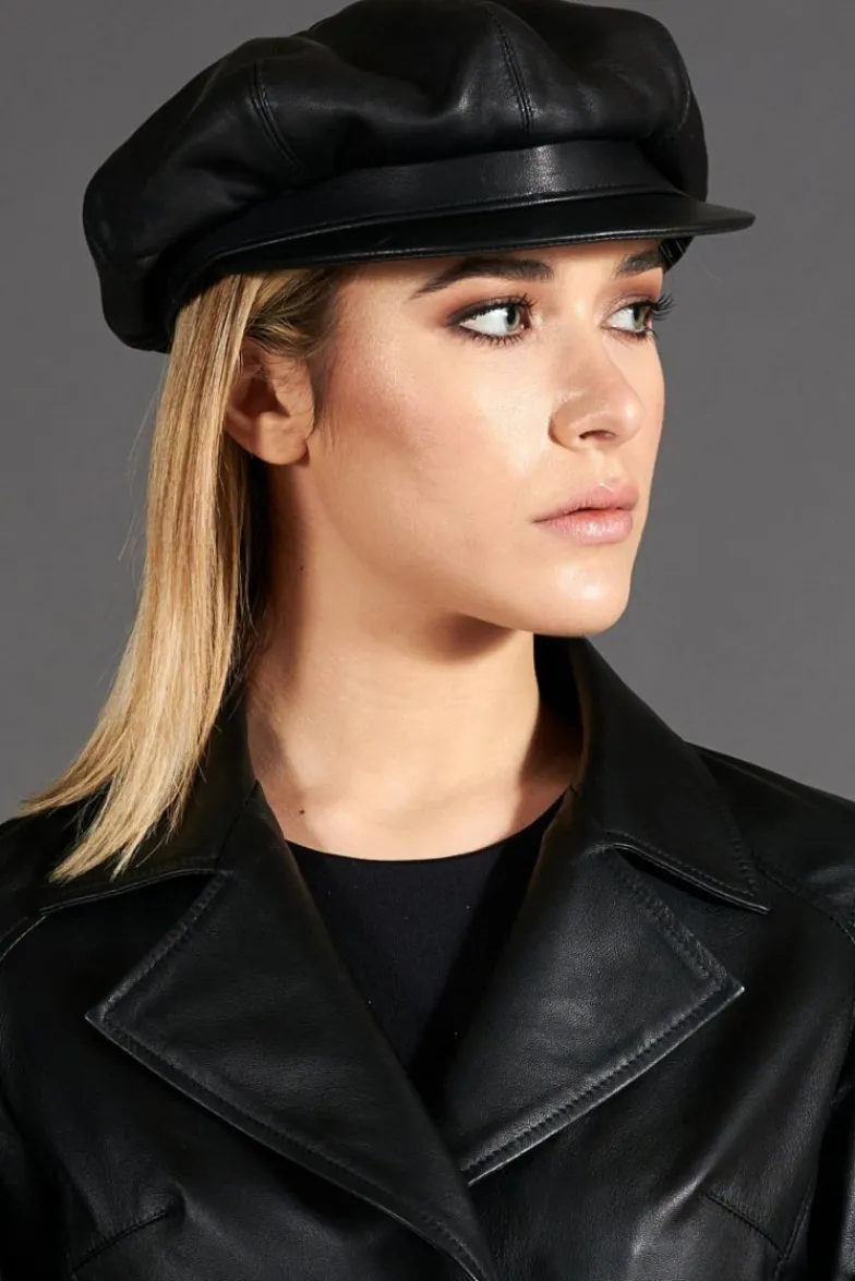 Donna D'Arienzo Taormina - Cappello da donna in pelle nera stile berretto francese