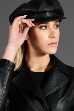 Donna D'Arienzo Taormina - Cappello da donna in pelle nera stile berretto francese
