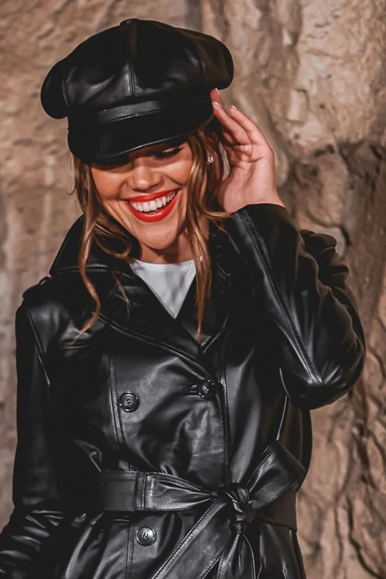 Donna D'Arienzo Taormina - Cappello da donna in pelle nera stile berretto francese