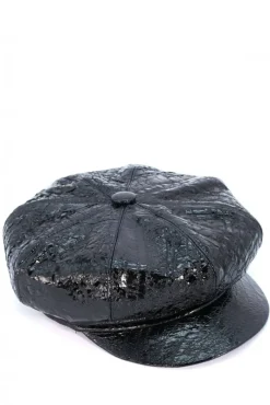 Donna D'Arienzo Taormina - Cappello da donna in pelle nera effetto laminato berretto francese