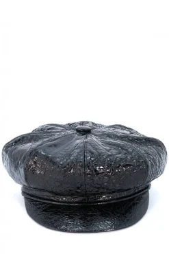 Donna D'Arienzo Taormina - Cappello da donna in pelle nera effetto laminato berretto francese