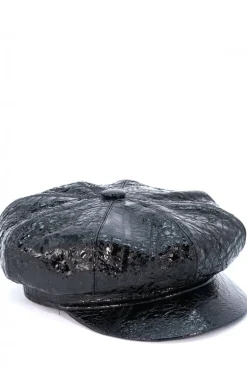 Donna D'Arienzo Taormina - Cappello da donna in pelle nera effetto laminato berretto francese