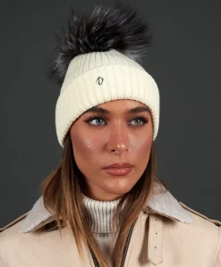 Donna D'Arienzo Taylor - Cappello in lana panna con pompon in pelliccia nero panna