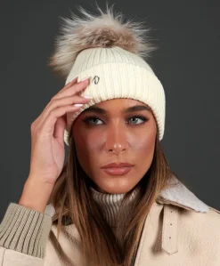 Donna D'Arienzo Taylor - Cappello in lana panna con pompon in pelliccia pastello