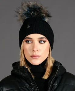 Donna D'Arienzo Taylor - Cappello in lana nera con pompon in pelliccia multicolor