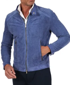 Uomo D'Arienzo Ted - Giacca in pelle camoscio traforato colore denim