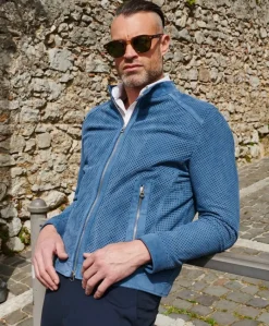 Uomo D'Arienzo Ted - Giacca in pelle camoscio traforato colore denim