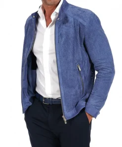 Uomo D'Arienzo Ted - Giacca in pelle camoscio traforato colore denim