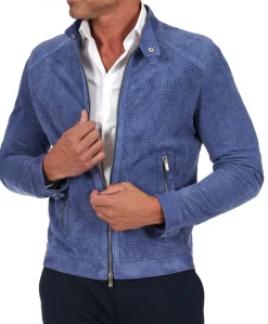 Uomo D'Arienzo Ted - Giacca in pelle camoscio traforato colore denim