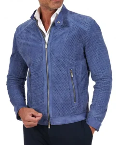 Uomo D'Arienzo Ted - Giacca in pelle camoscio traforato colore denim