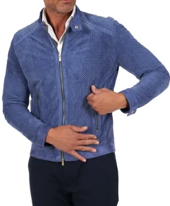 Uomo D'Arienzo Ted - Giacca in pelle camoscio traforato colore denim
