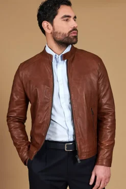 Uomo D'Arienzo Ted - Giacca in pelle colore cuoio effetto vintage collo coreana