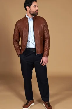 Uomo D'Arienzo Ted - Giacca in pelle colore cuoio effetto vintage collo coreana