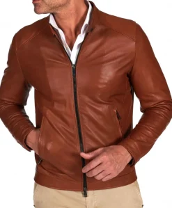 Uomo D'Arienzo Ted - Giacca in pelle naturale colore cuoio effetto liscio collo coreana