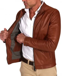 Uomo D'Arienzo Ted - Giacca in pelle naturale colore cuoio effetto liscio collo coreana