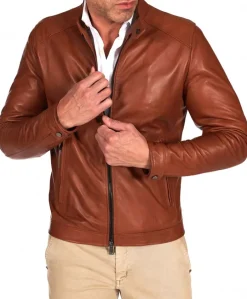 Uomo D'Arienzo Ted - Giacca in pelle naturale colore cuoio effetto liscio collo coreana