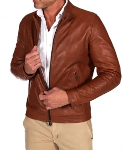 Uomo D'Arienzo Ted - Giacca in pelle naturale colore cuoio effetto liscio collo coreana
