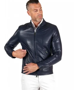 Uomo D'Arienzo Ted - Giacca in pelle naturale blu effetto liscio