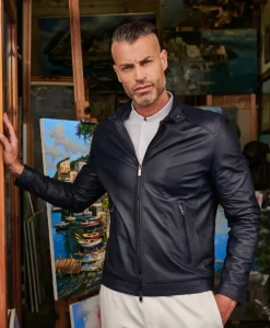 Uomo D'Arienzo Ted - Giacca in pelle naturale blu effetto liscio