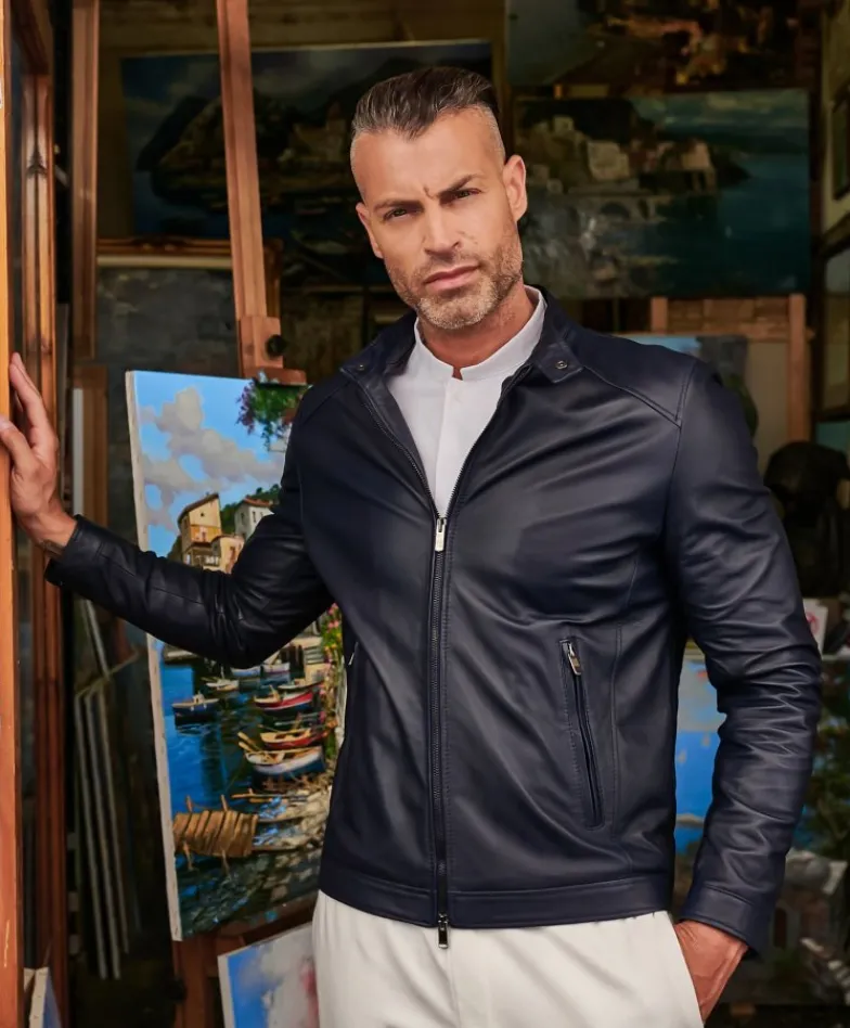 Uomo D'Arienzo Ted - Giacca in pelle naturale blu effetto liscio