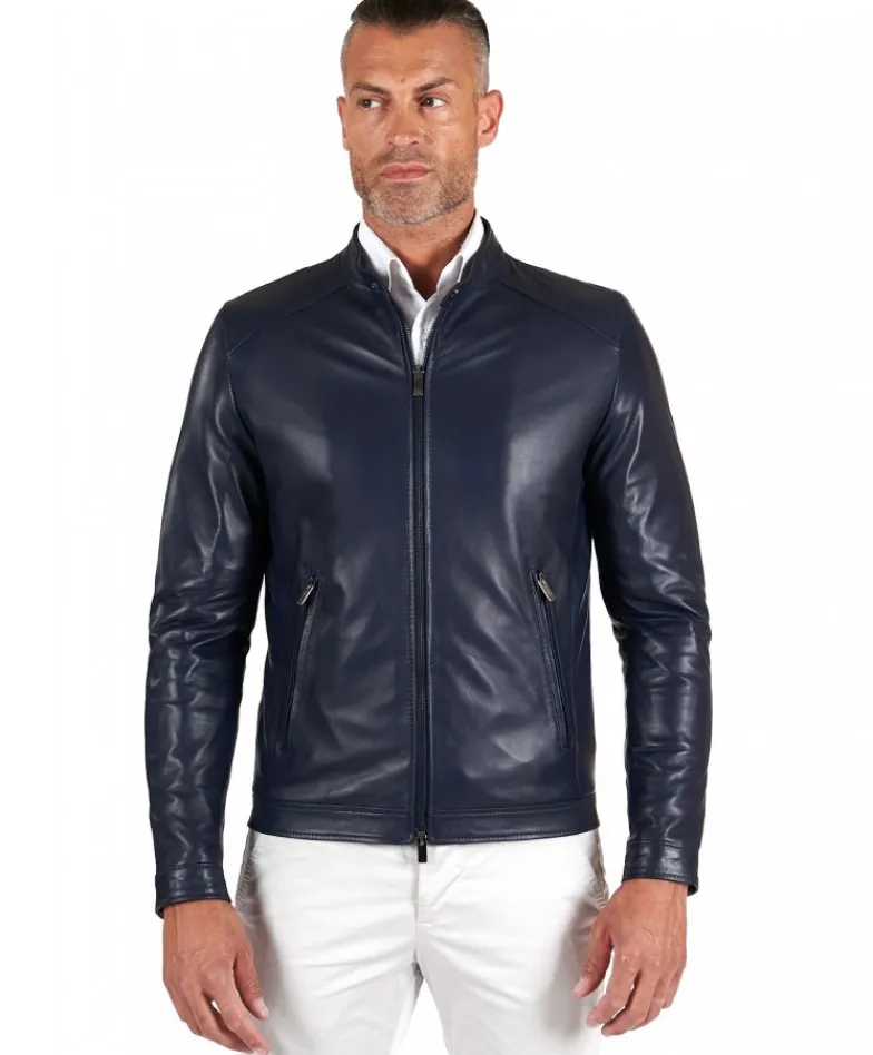 Uomo D'Arienzo Ted - Giacca in pelle naturale blu effetto liscio