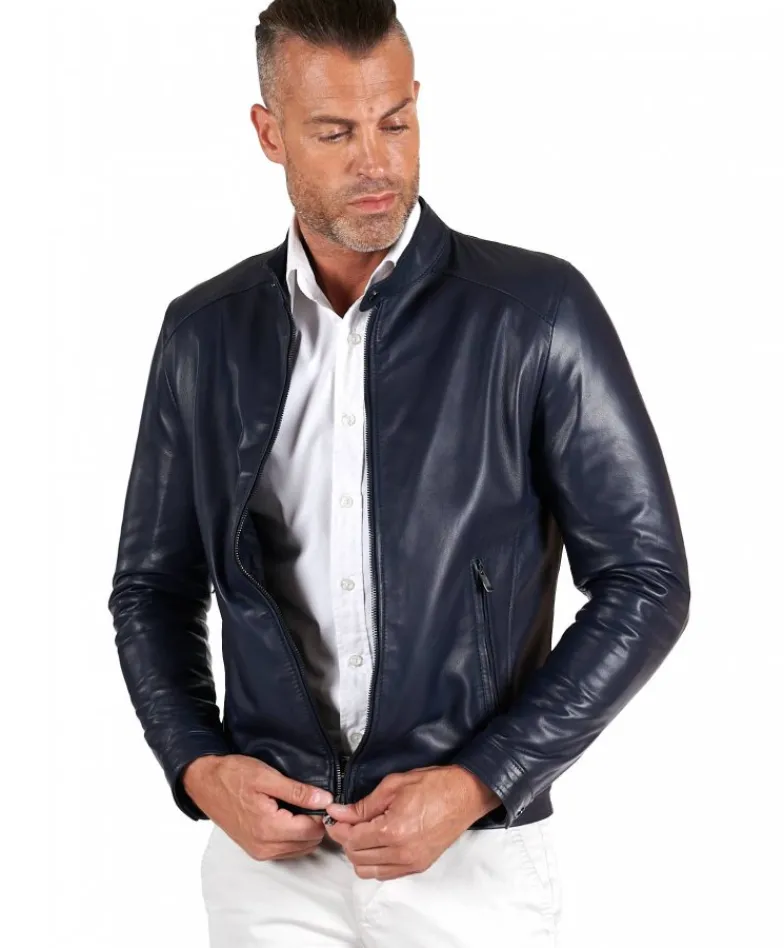 Uomo D'Arienzo Ted - Giacca in pelle naturale blu effetto liscio
