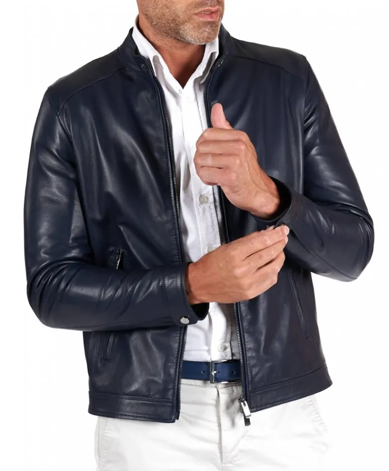 Uomo D'Arienzo Ted - Giacca in pelle naturale blu effetto liscio