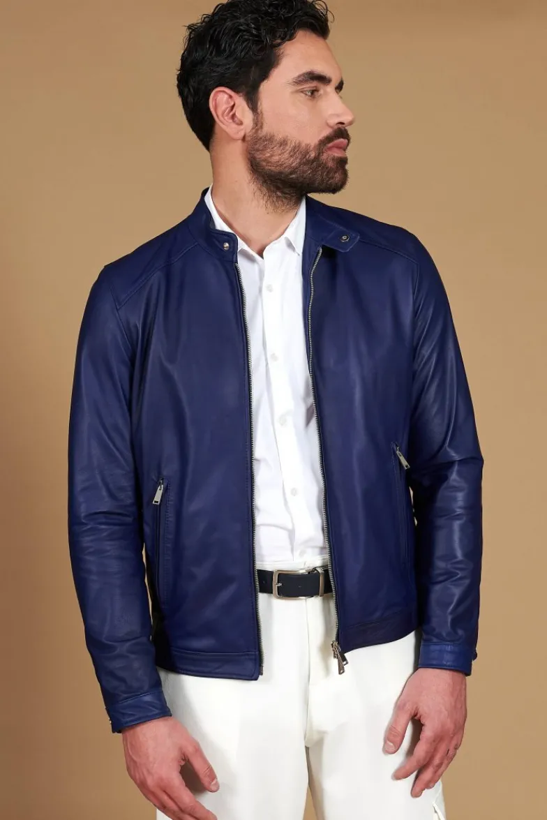 Uomo D'Arienzo Ted - Giacca in pelle naturale bluette effetto liscio