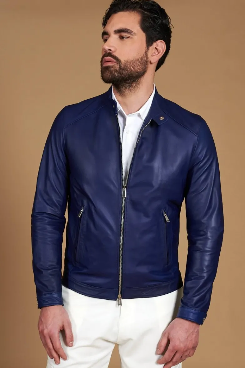 Uomo D'Arienzo Ted - Giacca in pelle naturale bluette effetto liscio