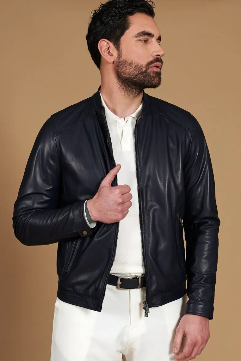 Uomo D'Arienzo Ted - Giacca in pelle naturale blu effetto liscio