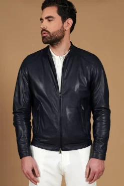 Uomo D'Arienzo Ted - Giacca in pelle naturale blu effetto liscio