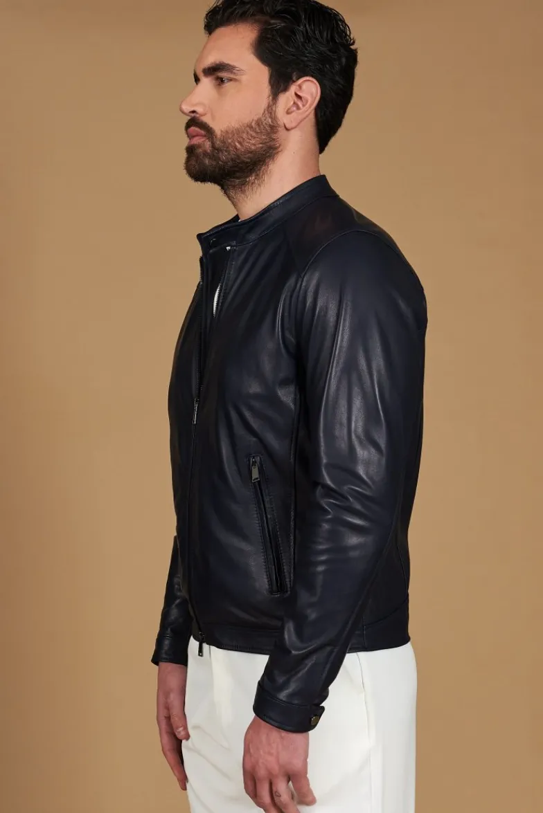 Uomo D'Arienzo Ted - Giacca in pelle naturale blu effetto liscio