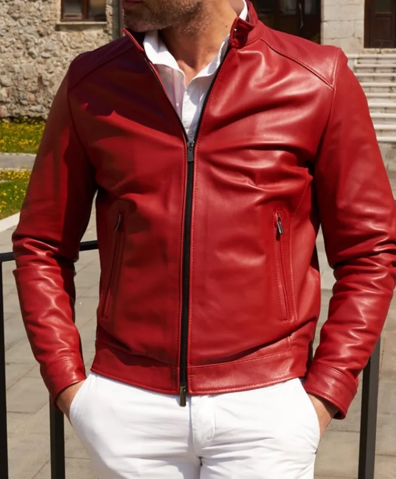 Uomo D'Arienzo Ted - Giacca in pelle rossa nappa effetto liscio collo coreana